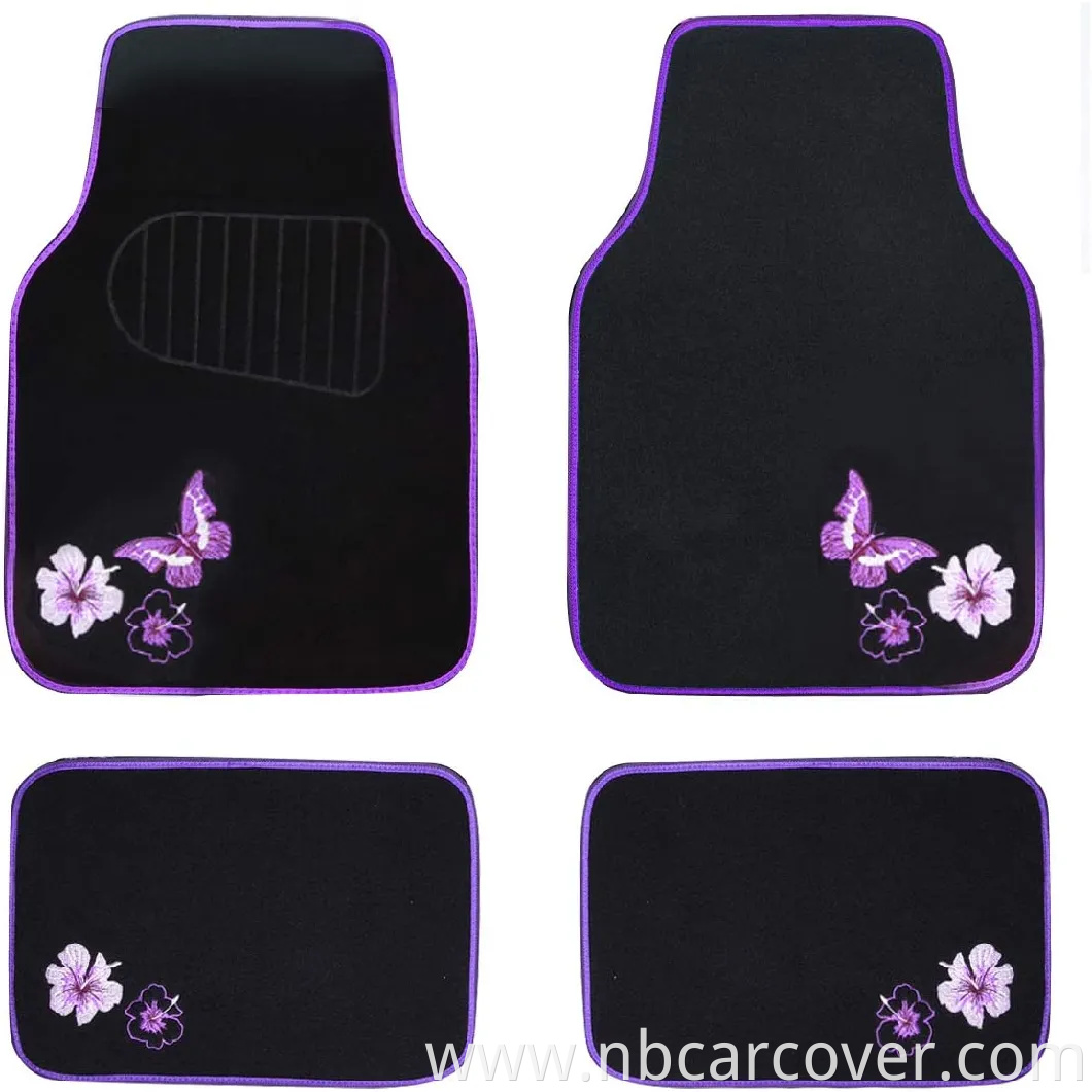 Universal Fit Embroidery Butterfly and Flower Car Floor Mats, Universal Fit for SUV, Trucks, Sedans, Vans, Set of 4 (Black with Purple)